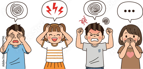 Cartoon children showing emotions like confusion, frustration, anger, and surprise with expressive gestures and symbols on white background