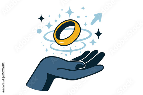 Levitating Magical Ring. Enchanted ring. A ring levitating above an open palm, glowing circles of energy