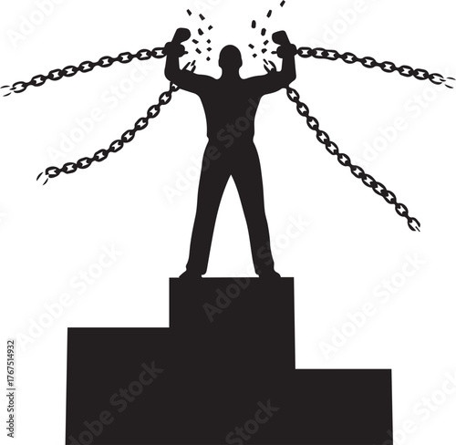 Breaking chains symbolizing freedom and human rights day victory on podium