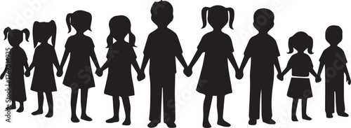 Diverse group of children silhouettes holding hands celebrating human rights day unity