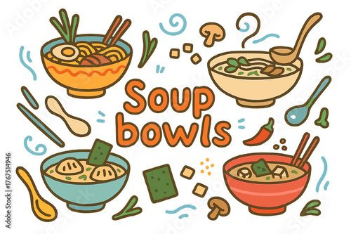 Doodle Soup Bowls. Soup bowls. Hand-drawn doodle illustration of Soup bowls. Ramen bowl, miso soup, pho