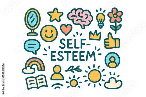 Self-Esteem Symbols. Self-esteem. Hand-drawn doodle illustration of self-esteem. Mirror, smiley face, heart,