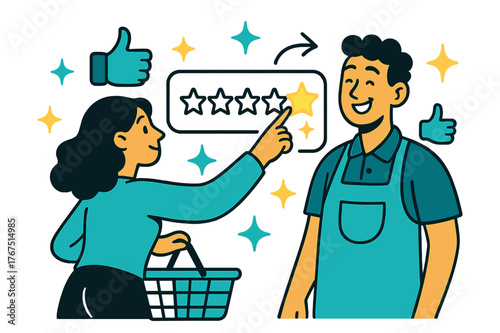 Customer Satisfaction Scene. Customer feedback. A shopper tapping glowing stars on a feedback screen while a