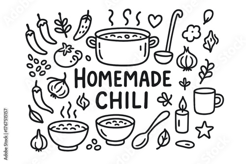 Homemade Chili Doodles. Homemade Chili. Hand-drawn doodle illustration of Homemade Chili. big pot, chili