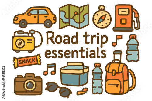 Road Trip Essentials. Road trip essentials. Hand-drawn doodle illustration of Road trip essentials. Car, map,