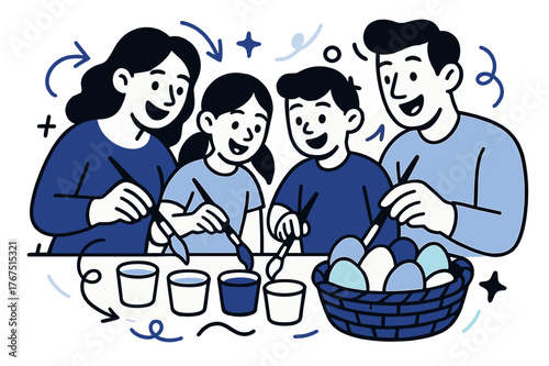 Family Egg Painting. Family tradition. Parents and kids smiling as they dip brushes into cups of pastel paint,