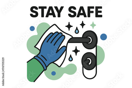 Cleaning for Safety. Wiping down door handles. A hand wearing a glove cleans a shiny door handle with a