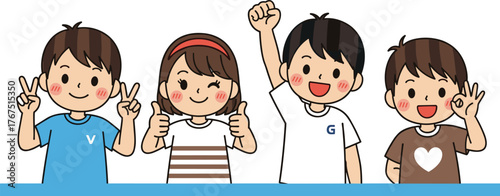 Four cartoon children making cheerful hand gestures, expressing positivity, teamwork, and celebration in a playful educational illustration
