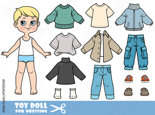 Cartoon blond boy - autumn season -  jacket, shirt, long sleeve, cargo panth and boots. Doll for dressing