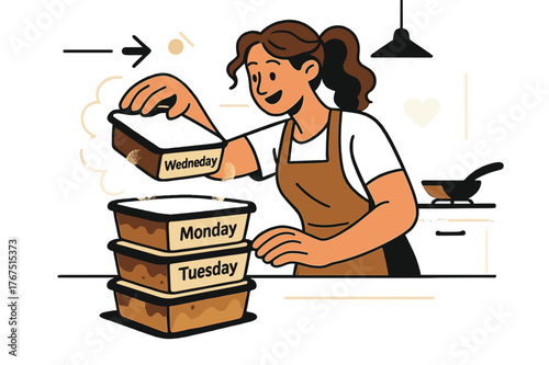 Frozen Meal Prep. Frozen meals ready. A kitchen counter with neatly packed frozen dishes labeled ?Monday,?