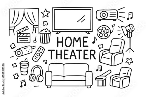Home Theater Essentials. Home Theater. Hand-drawn doodle illustration of Home Theater. large TV screen,