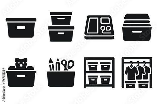 Organized Storage Icons. Using storage bins for organization. Filled icon set of using storage bins for