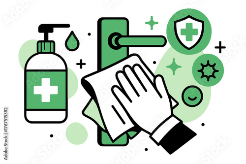 Hygiene in Action. Safety first. A hand sanitizer bottle and cloth floating next to a freshly wiped handle;