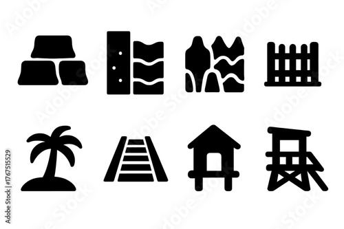 Beach Protection Icons. Beach protection. Filled icon set of Beach protection: sandbags, seawall, breakwater,