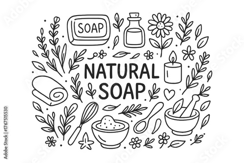 Natural Soap Doodle. Natural Soap. Hand-drawn doodle illustration of Natural Soap. soap bar, essential oil