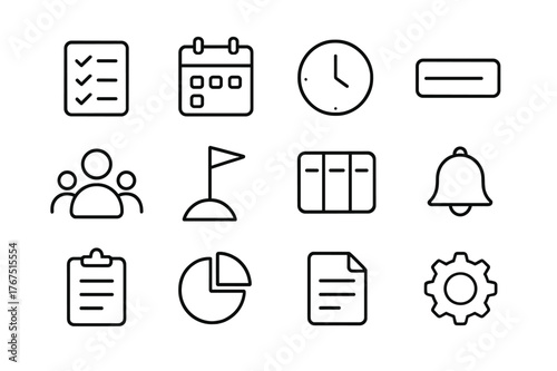 Task Management Icons. Task management. Line outline icon set of task management: checklist, calendar, clock,