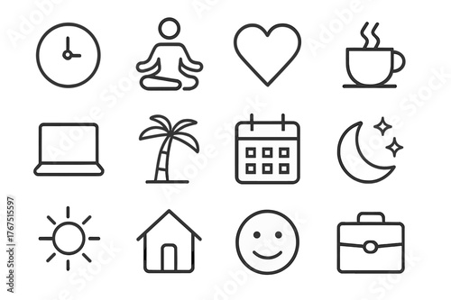Work-Life Icon Set. Work-life balance. Line outline icon set of work-life balance: clock, yoga pose, heart,