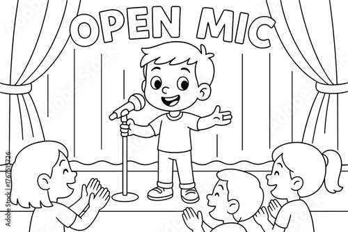 Kid's Open Mic. Open microphone event children?s coloring book illustration, outlined drawing, cheerful