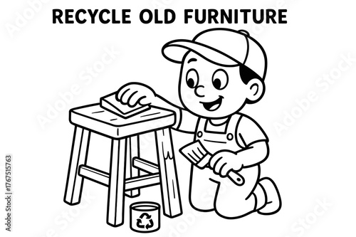 Recycling Furniture Coloring. Recycling old furniture children?s coloring book illustration, outlined drawing,