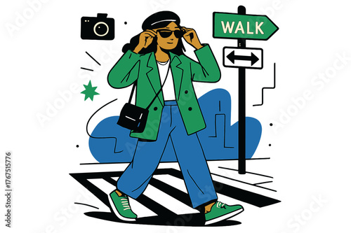 Dynamic City Fashion. Street Style. A blogger adjusts sunglasses while standing on a vibrant city corner. The