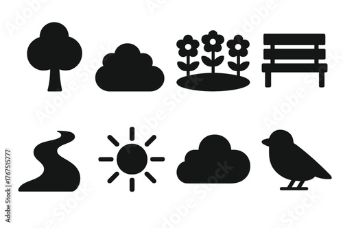 Garden Icon Set. Garden scenery. Filled icon set of Garden scenery: tree, bush, flower bed, bench, path, sun,