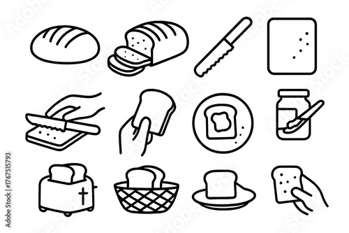 Sourdough Slice Icons. Slicing a perfectly baked loaf of sourdough bread. Line outline icon set of Slicing a