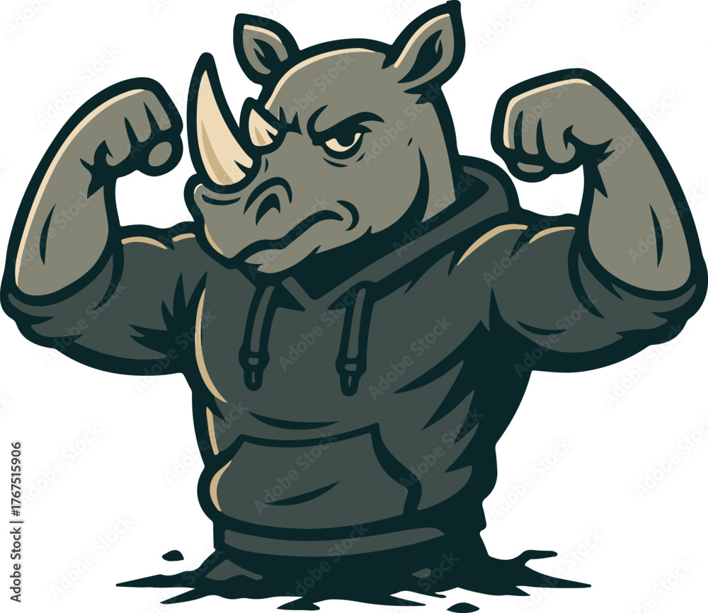 Fototapeta premium Urban Flexing Rhino Character in Limited-Palette Vector Style