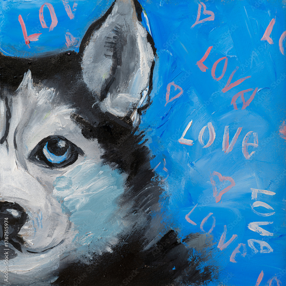 Φωτογραφία Acrylic painting of Siberian Husky dog portrait with blue background and love le