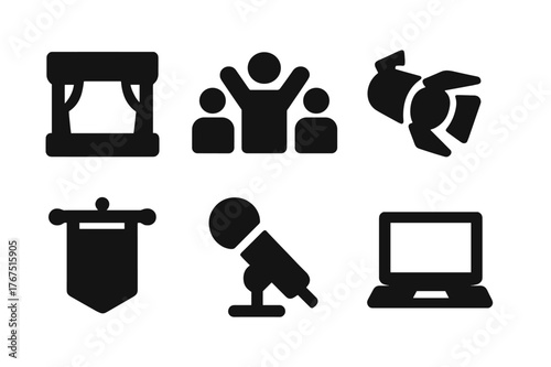 Event Icons Set. Live events. Filled icon set of Live events: stage, cheering crowd, spotlight, camera, banner