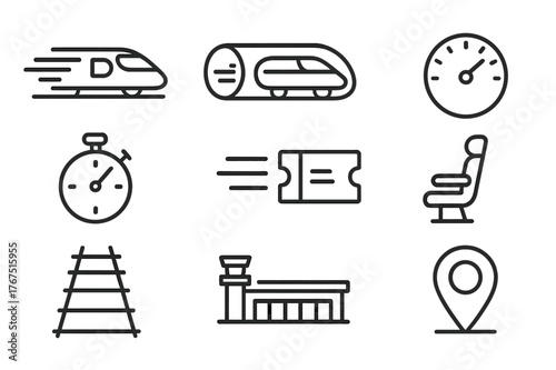 High-Speed Travel Icons. High-speed travel. Line outline icon set of high-speed travel: bullet train,