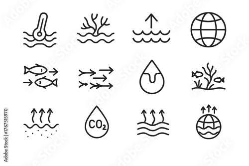 Ocean Warming Icons. Ocean warming. Line outline icon set of ocean warming: thermometer in waves, coral