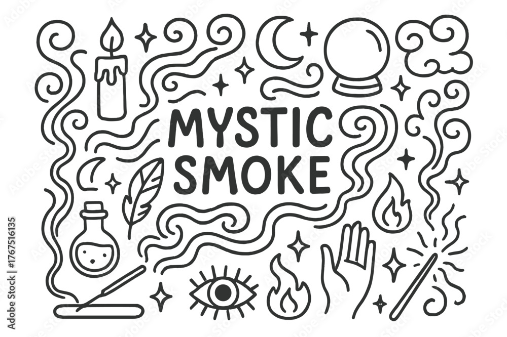 Fototapeta premium Mystic Smoke Doodle. Mystic Smoke. Hand-drawn doodle illustration of mystic smoke. Swirls, stars, crescent