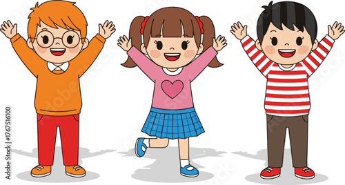 Three happy cartoon children standing with raised arms, smiling in colorful outfits on white background with light shadows