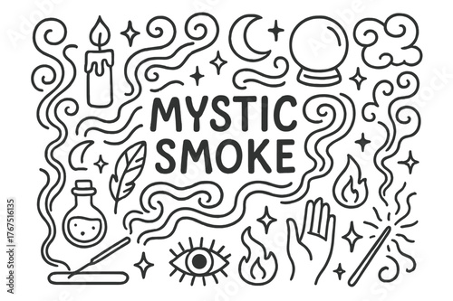 Mystic Smoke Doodle. Mystic Smoke. Hand-drawn doodle illustration of mystic smoke. Swirls, stars, crescent