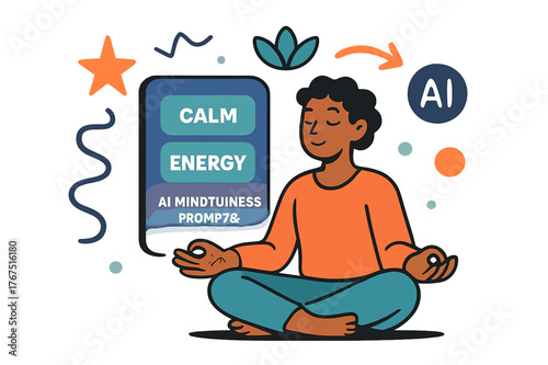 Digital Meditation Art. Digital self-care. A person meditating in front of a glowing screen that visualizes