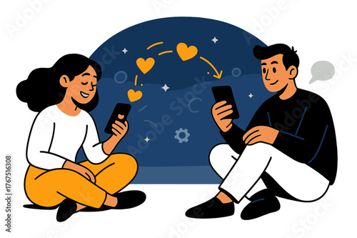 Connected by Hearts. Long-distance love. Two characters sitting apart but connected by floating glowing hearts