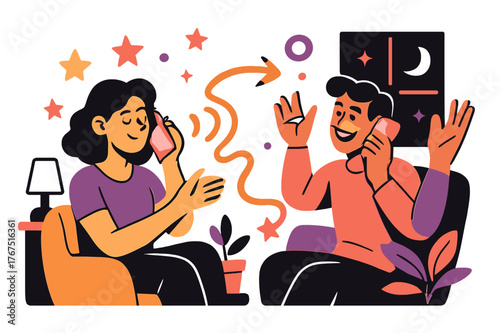 Late-Night Phone Connection. Late-night calls. Characters sitting in cozy rooms with dim light, talking