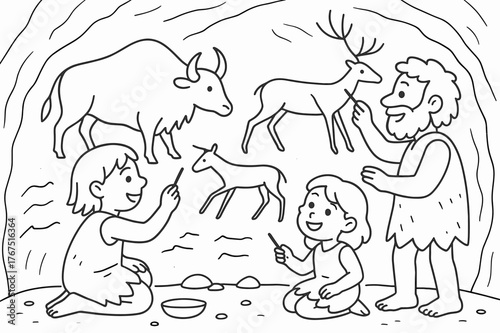 Cave Art Coloring. Cave paintings children?s coloring book illustration, outlined drawing, prehistoric people