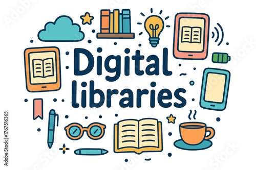 Digital Library Doodles. Digital libraries. Hand-drawn doodle illustration of Digital libraries. E-reader,
