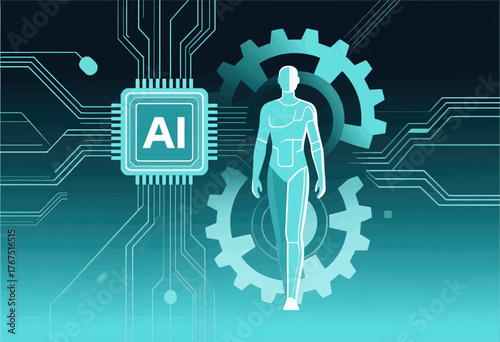 AI chip and human silhouette with gears, tech concept, flat vector illustration