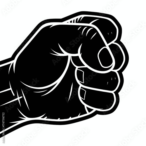 Black and white fist illustration, bold vector style, isolated on white background