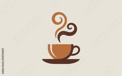 A minimalist vecter illustration of a steaming coffee cup on a saucer with brown and tan colors against a light background color silhouette