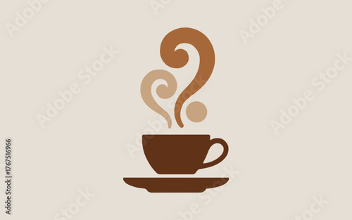 A minimalist vecter illustration of a brown coffee cup on a saucer with swirling steam rising above it on a light background silhouette