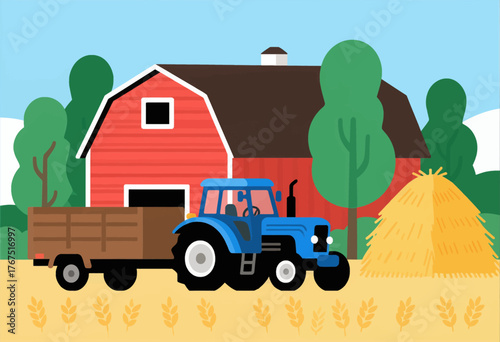 Blue tractor with trailer on farm field near red barn and hay bale flat illustration