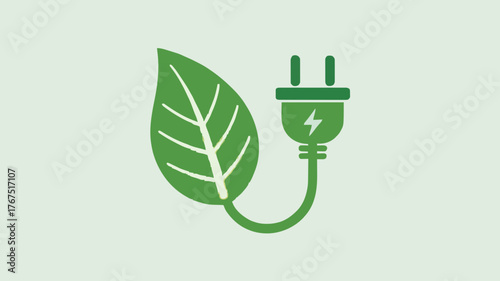 A minimalist vecter illustration of a green leaf connected to an electrical plug symbolizing renewable energy sources and power usage silhouette