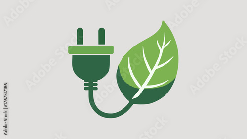 A minimalist vecter illustration showing a green electrical plug next to a green leaf representing renewable energy sources and sustainability silhouette
