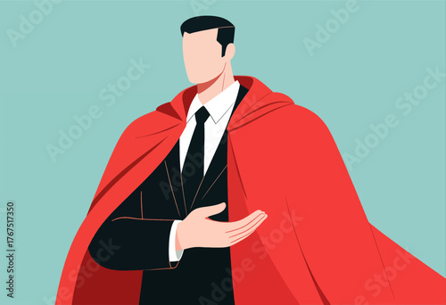 Businessman with red cape holding hand out, minimalist flat design, isolated on teal background