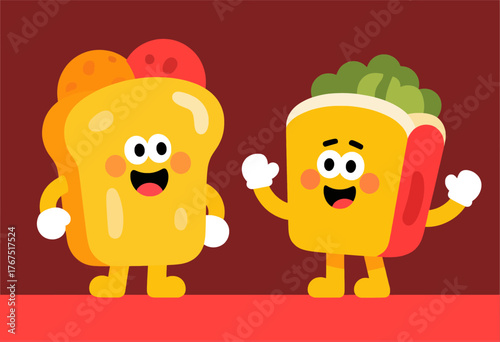 Cheerful cartoon sandwich characters in flat colorful style waving happily