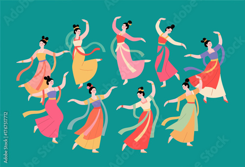 Colorful ancient dancers in flowing robes, flat vector art, isolated on teal background