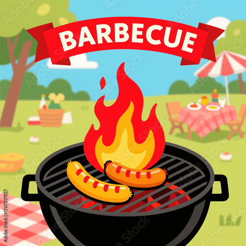 Colorful barbecue grill with sausages cooking over flames outdoors